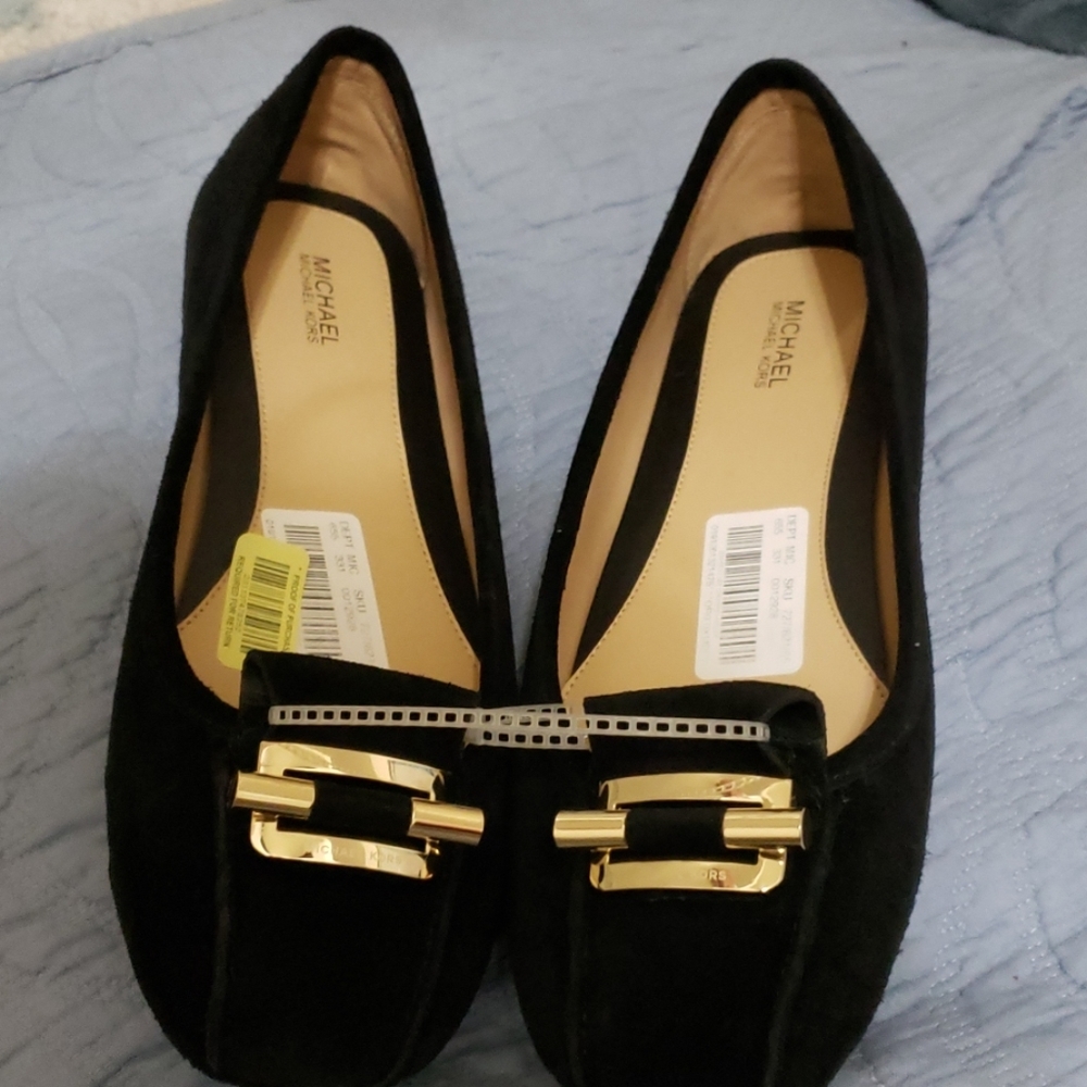 Michael Michael Kors black suede ballet flats gold